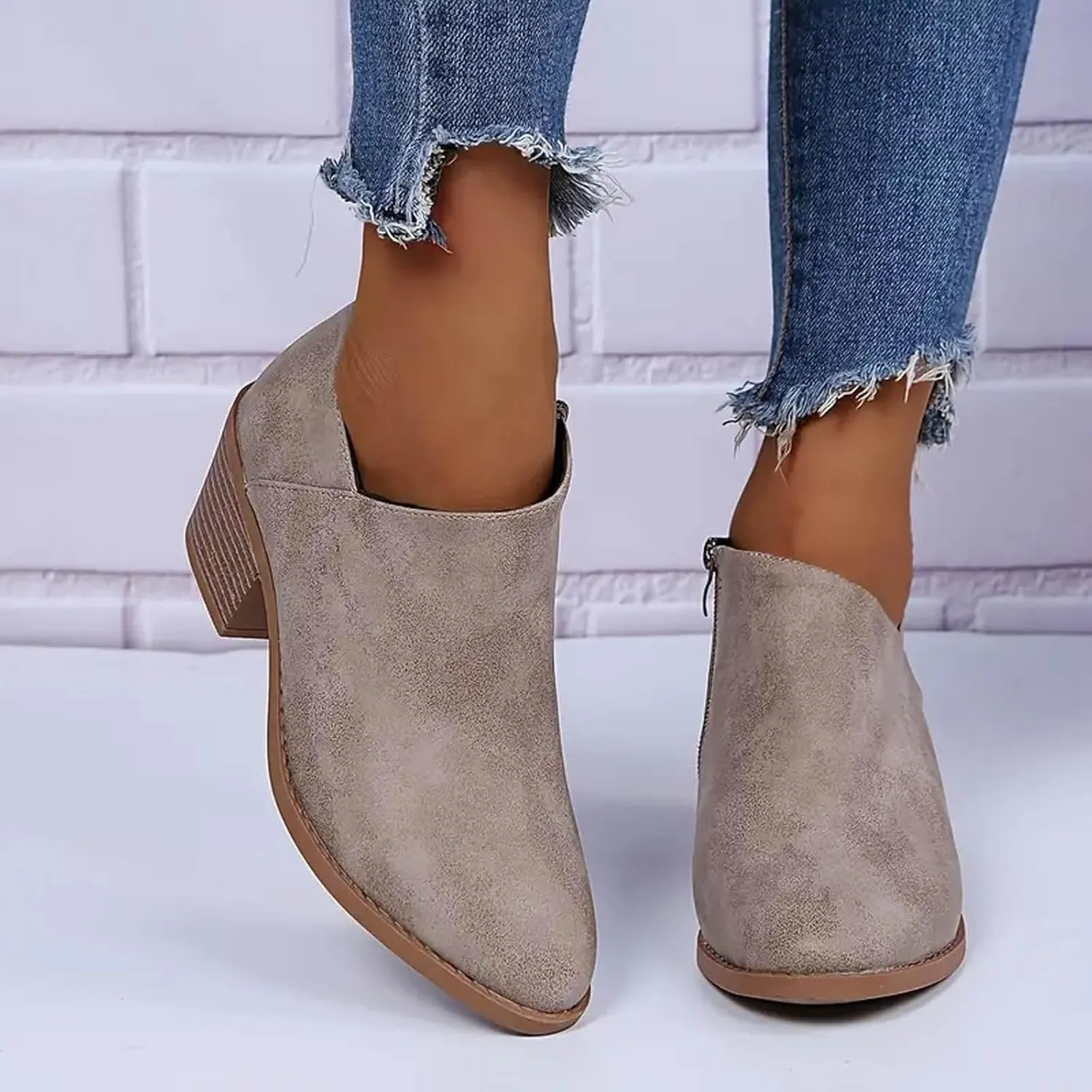 AMDBEL Boots for Women Ankle Booties Low Heel Short Boots Leather Point Toe Zip Up Comfortable Western Fall Winter Shoes