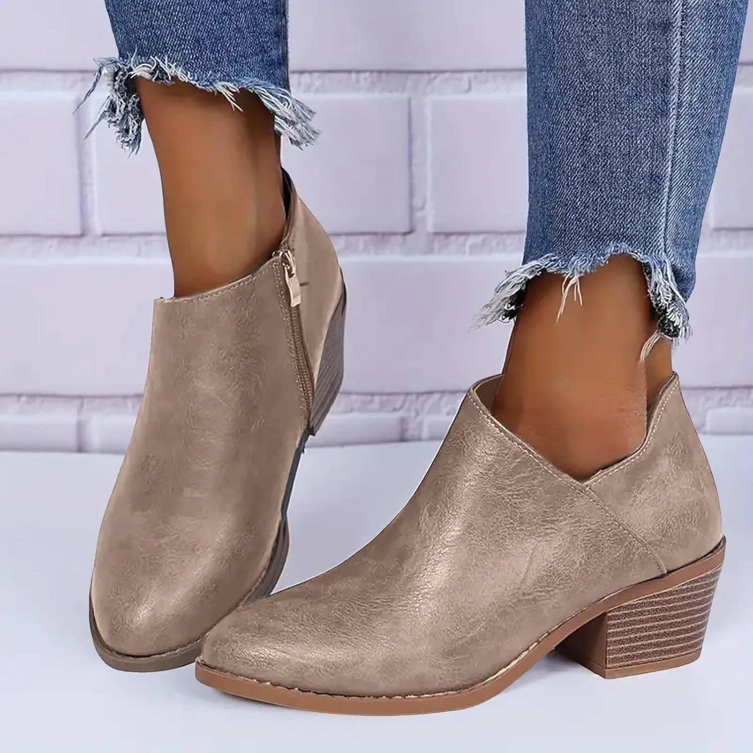 AMDBEL Boots for Women Ankle Booties Low Heel Short Boots Leather Point Toe Zip Up Comfortable Western Fall Winter Shoes
