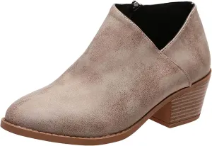 AMDBEL Boots for Women Ankle Booties Low Heel Short Boots Leather Point Toe Zip Up Comfortable Western Fall Winter Shoes