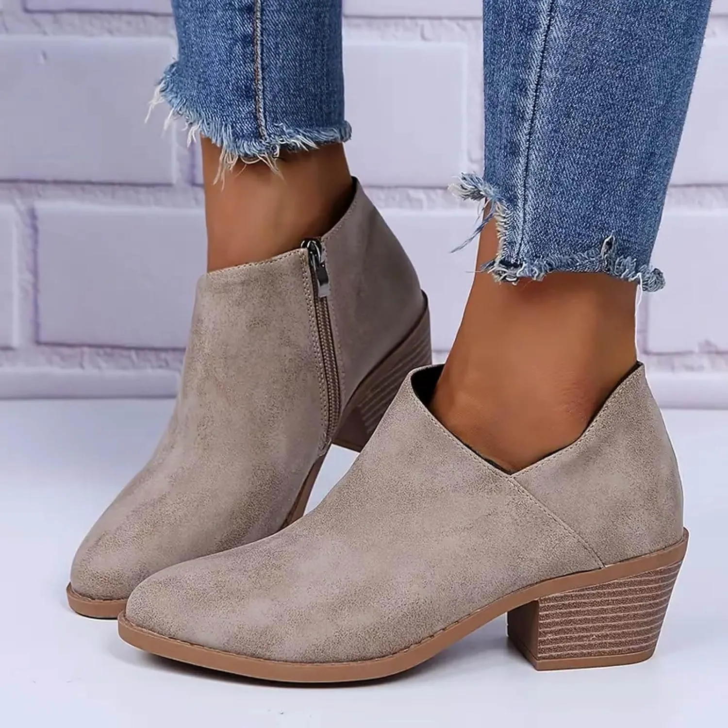 AMDBEL Boots for Women Ankle Booties Low Heel Short Boots Leather Point Toe Zip Up Comfortable Western Fall Winter Shoes