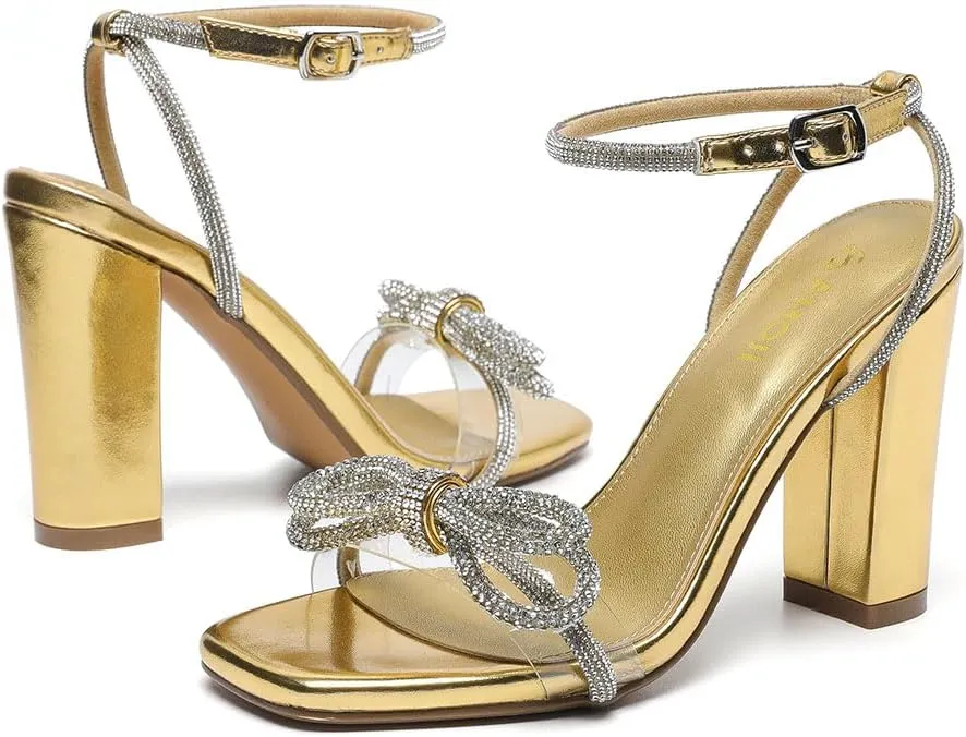Amoji Women's 4 Inch Rhinestone Bowknots Block Heeled Crystal Sandal Ankle Strap Clear Heels 315