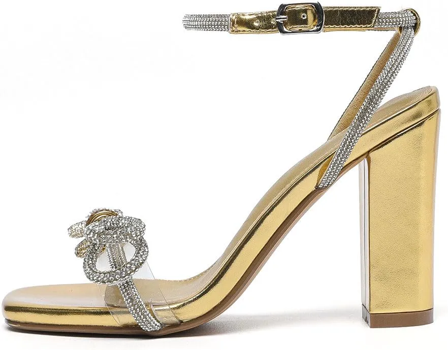 Amoji Women's 4 Inch Rhinestone Bowknots Block Heeled Crystal Sandal Ankle Strap Clear Heels 315