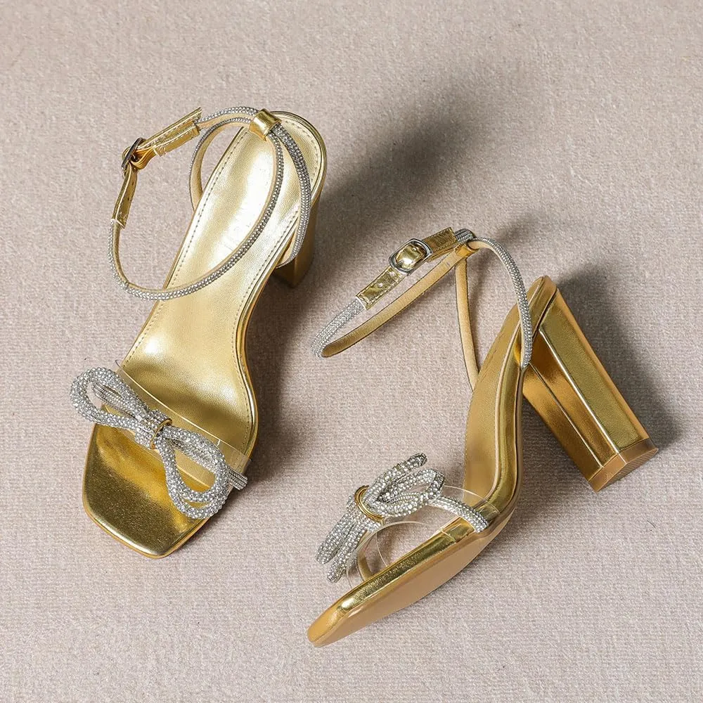 Amoji Women's 4 Inch Rhinestone Bowknots Block Heeled Crystal Sandal Ankle Strap Clear Heels 315