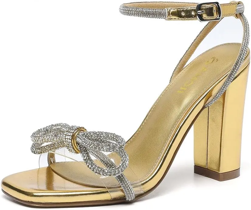 Amoji Women's 4 Inch Rhinestone Bowknots Block Heeled Crystal Sandal Ankle Strap Clear Heels 315