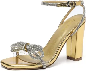 Amoji Women's 4 Inch Rhinestone Bowknots Block Heeled Crystal Sandal Ankle Strap Clear Heels 315