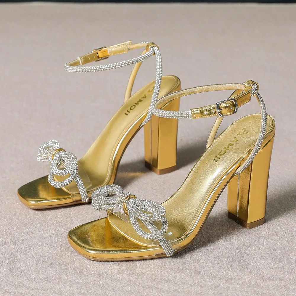 Amoji Women's 4 Inch Rhinestone Bowknots Block Heeled Crystal Sandal Ankle Strap Clear Heels 315