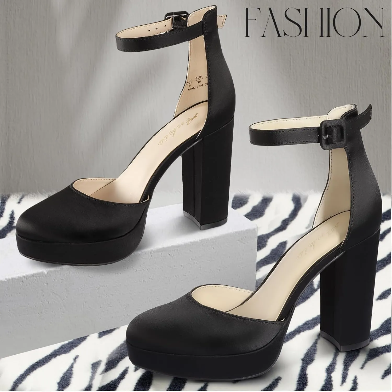 Ankis Black Platform Closed Toe Heels for Women, Womens Heels Closed Round Toe Chunky Block Pumps Shoes, 4 Inch