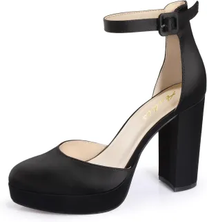 Ankis Black Platform Closed Toe Heels for Women, Womens Heels Closed Round Toe Chunky Block Pumps Shoes, 4 Inch