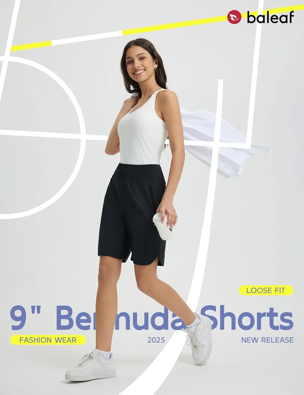 baleaf Women's Bermuda Long Shorts 9" Knee Length Athletic Running Shorts with Zip Pockets Stretch Loose Summer UPF 50 