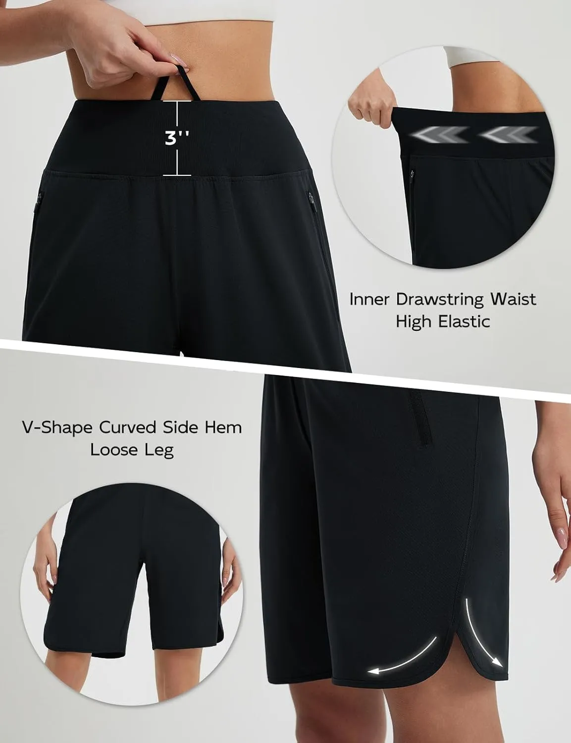 baleaf Women's Bermuda Long Shorts 9" Knee Length Athletic Running Shorts with Zip Pockets Stretch Loose Summer UPF 50 