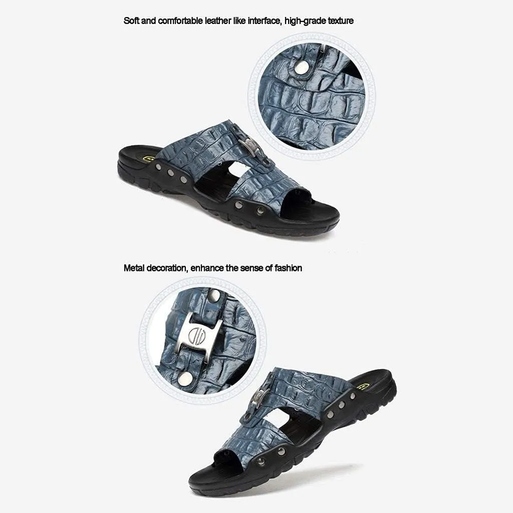 Beach Slippers Men's Textured Leather Slide Sandals Flat Sandals Anti-Slip Wear-Resistant Large Slippers Shoes Bath Slippers (Color : White Size : 47 EU) (Haze Blue 43 EU)