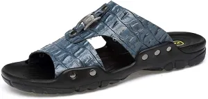 Beach Slippers Men's Textured Leather Slide Sandals Flat Sandals Anti-Slip Wear-Resistant Large Slippers Shoes Bath Slippers (Color : White Size : 47 EU) (Haze Blue 43 EU)