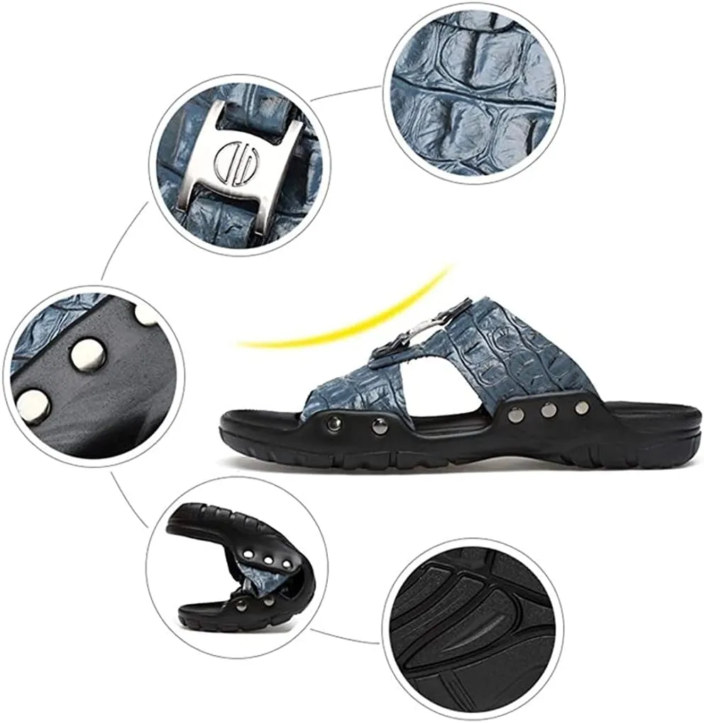 Beach Slippers Men's Textured Leather Slide Sandals Flat Sandals Anti-Slip Wear-Resistant Large Slippers Shoes Bath Slippers (Color : White Size : 47 EU) (Haze Blue 43 EU)