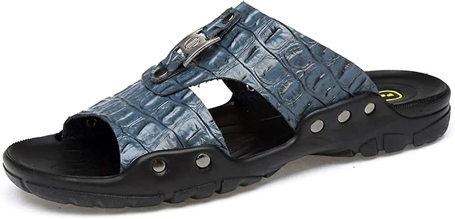 Beach Slippers Men's Textured Leather Slide Sandals Flat Sandals Anti-Slip Wear-Resistant Large Slippers Shoes Bath Slippers (Color : White Size : 47 EU) (Haze Blue 43 EU)
