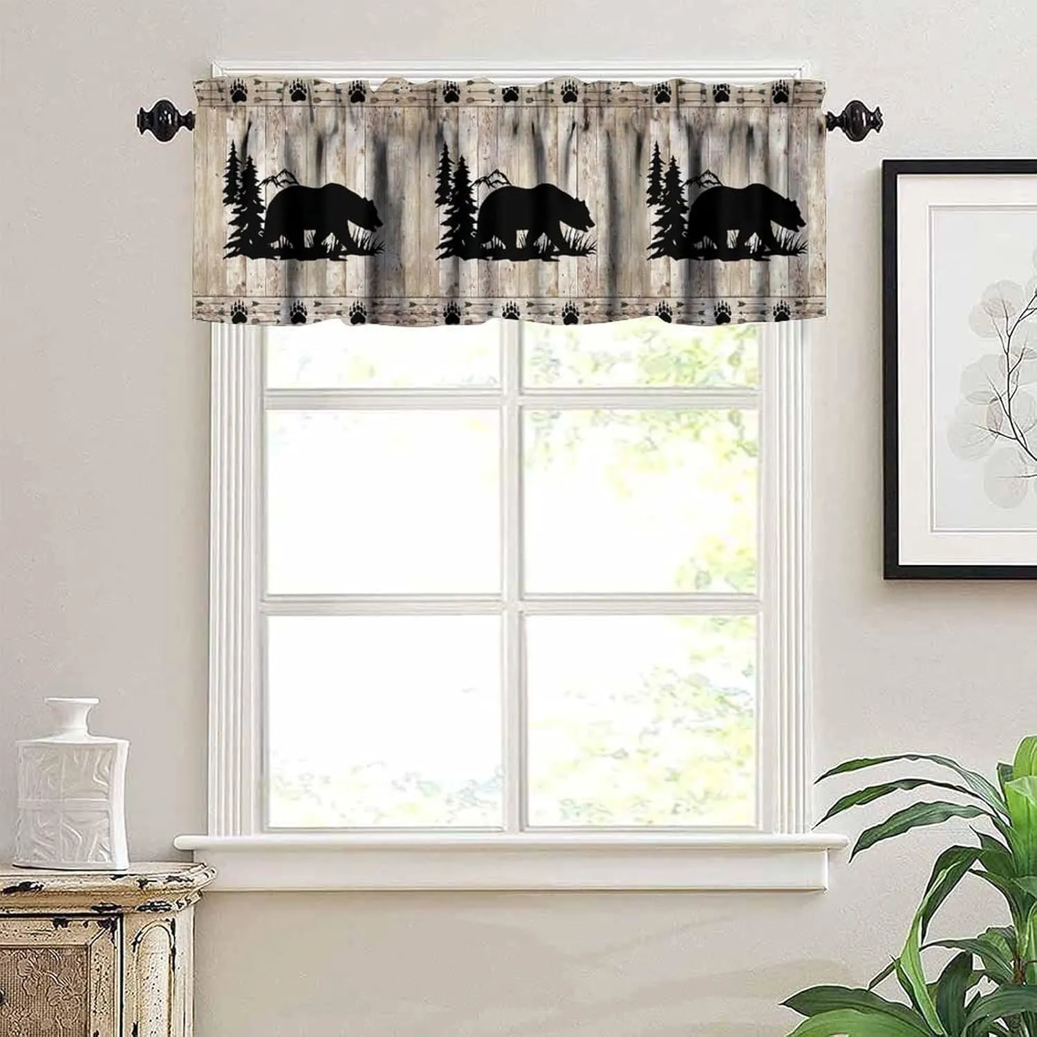 Bear Valance Curtains, Wild Animals Rustic Cabin Forest Bear Print Wooden Board Small Valance Curtains for Bedroom Living Room 54x18inch