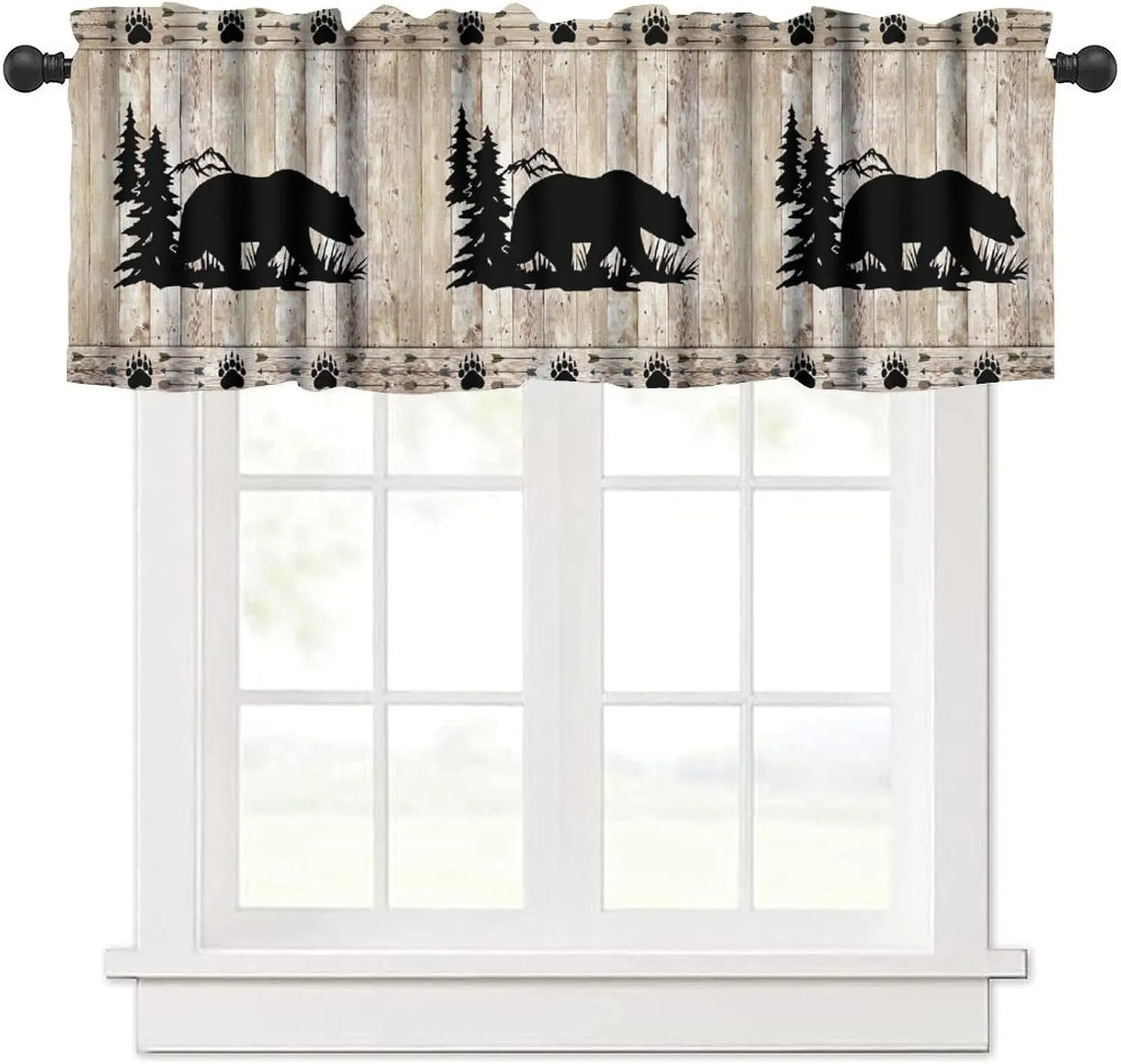 Bear Valance Curtains, Wild Animals Rustic Cabin Forest Bear Print Wooden Board Small Valance Curtains for Bedroom Living Room 54x18inch