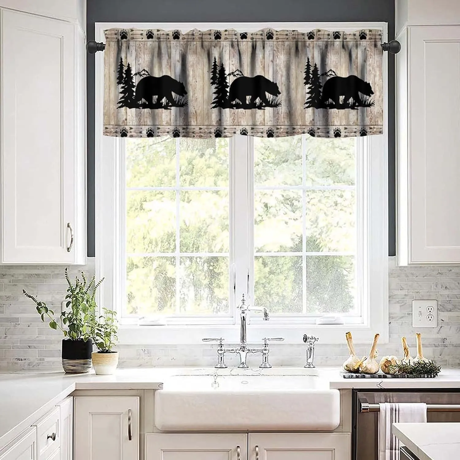 Bear Valance Curtains, Wild Animals Rustic Cabin Forest Bear Print Wooden Board Small Valance Curtains for Bedroom Living Room 54x18inch