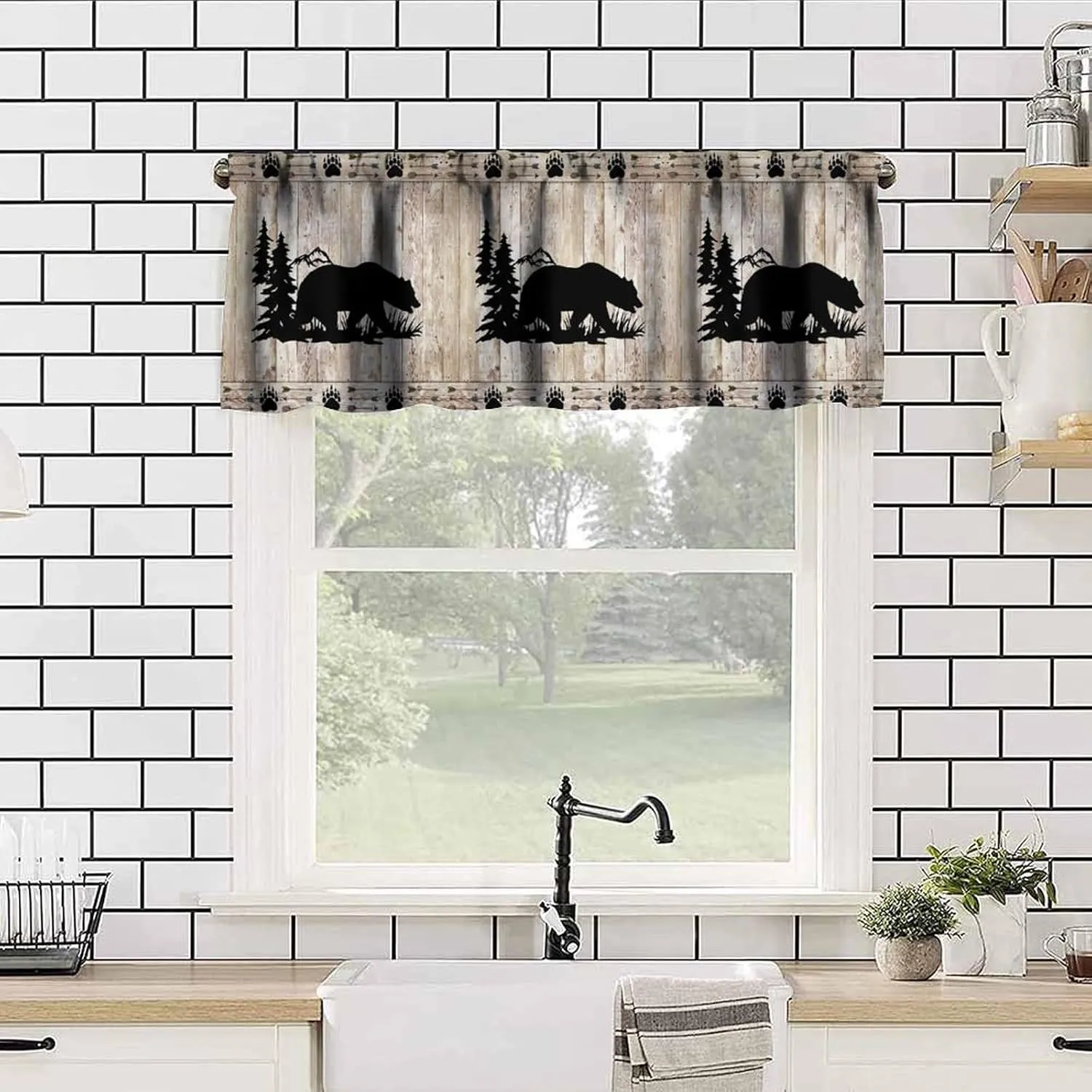 Bear Valance Curtains, Wild Animals Rustic Cabin Forest Bear Print Wooden Board Small Valance Curtains for Bedroom Living Room 54x18inch