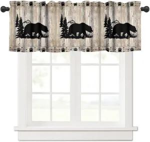 Bear Valance Curtains, Wild Animals Rustic Cabin Forest Bear Print Wooden Board Small Valance Curtains for Bedroom Living Room 54x18inch