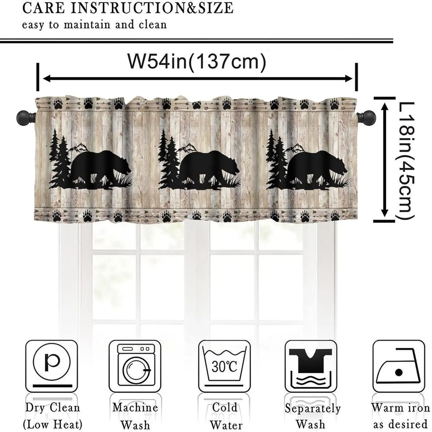 Bear Valance Curtains, Wild Animals Rustic Cabin Forest Bear Print Wooden Board Small Valance Curtains for Bedroom Living Room 54x18inch