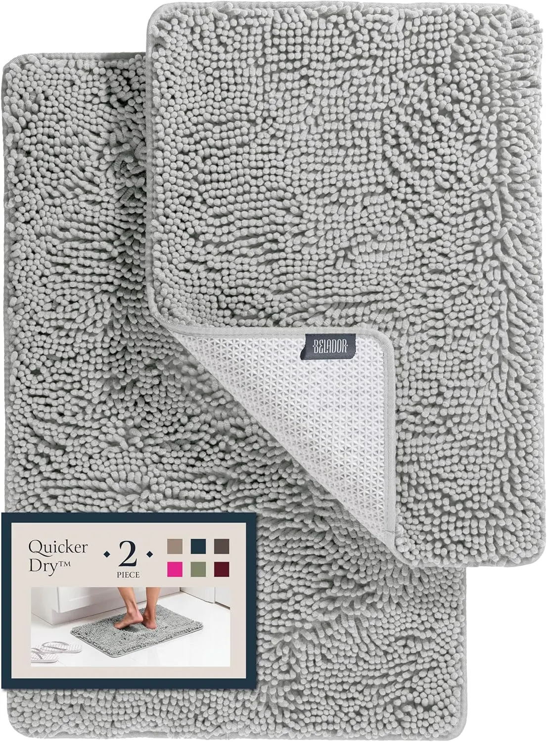BELADOR 2 Piece Plush Chenille Bath Rug Set - Quick-Dry Bath Mats With Rubber Backing, Absorbent and Washable for Bathroom - 24x17   30x20