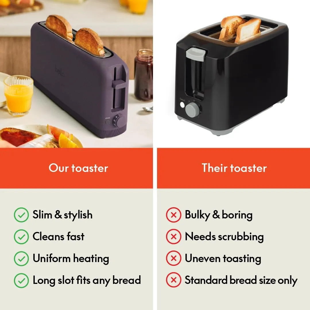 bella 2 Slice Slim Toaster, 6 Setting Shade Control w Reheat and Cancel Buttons, Removable Crumb Tray, 10” Long Slot, Anti Jam & Auto Shutoff, Auto Centering Guides and Cord Wrap, 900 Watt, Plum