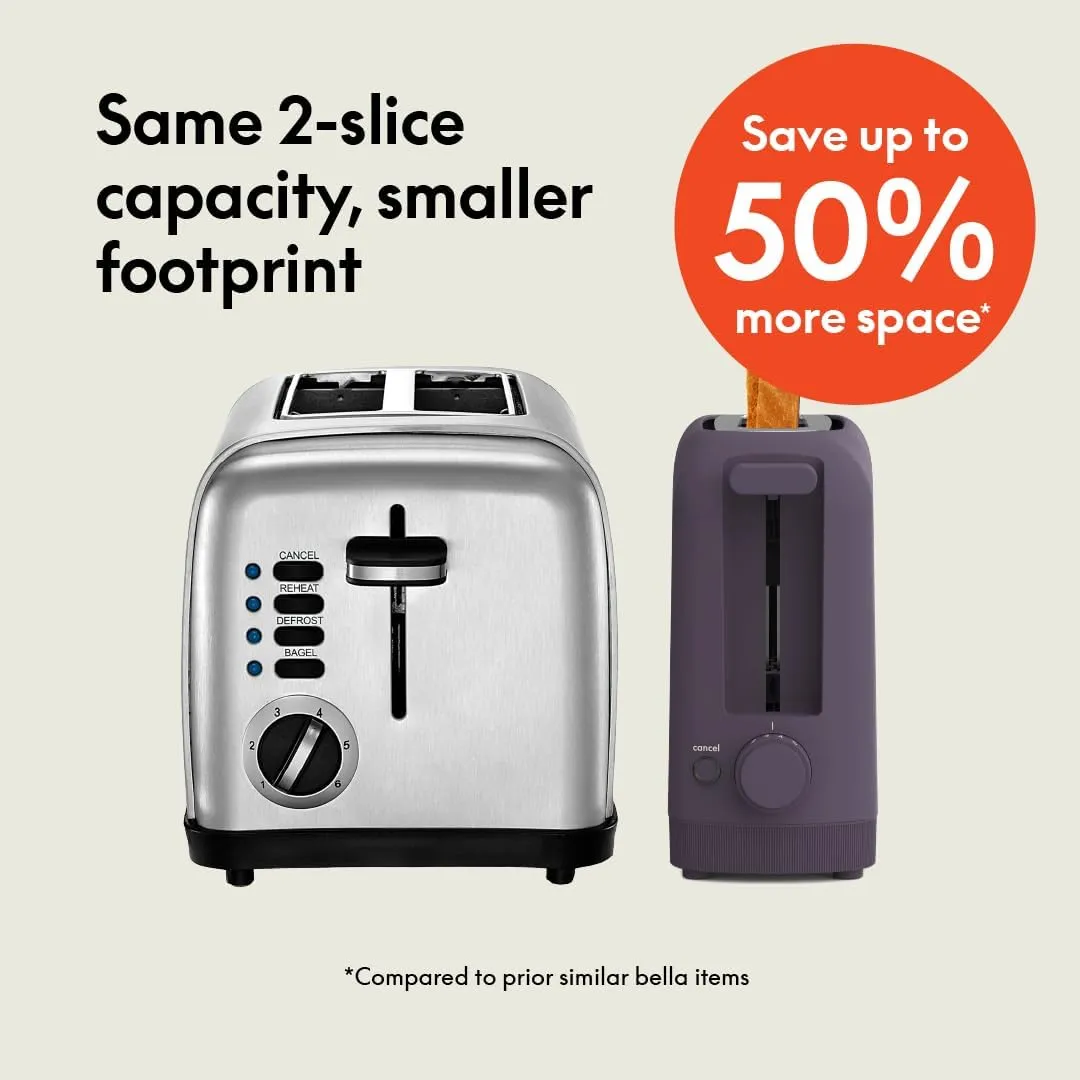 bella 2 Slice Slim Toaster, 6 Setting Shade Control w Reheat and Cancel Buttons, Removable Crumb Tray, 10” Long Slot, Anti Jam & Auto Shutoff, Auto Centering Guides and Cord Wrap, 900 Watt, Plum