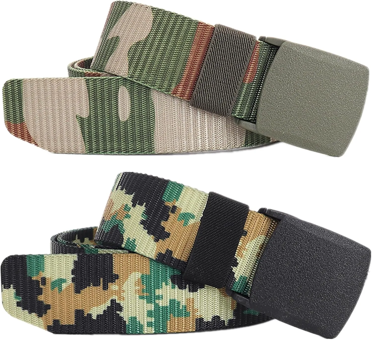 Belts for men women tactical camouflage nylon webbing belt with plastic buckle plus size up to 71", 2 Pcs