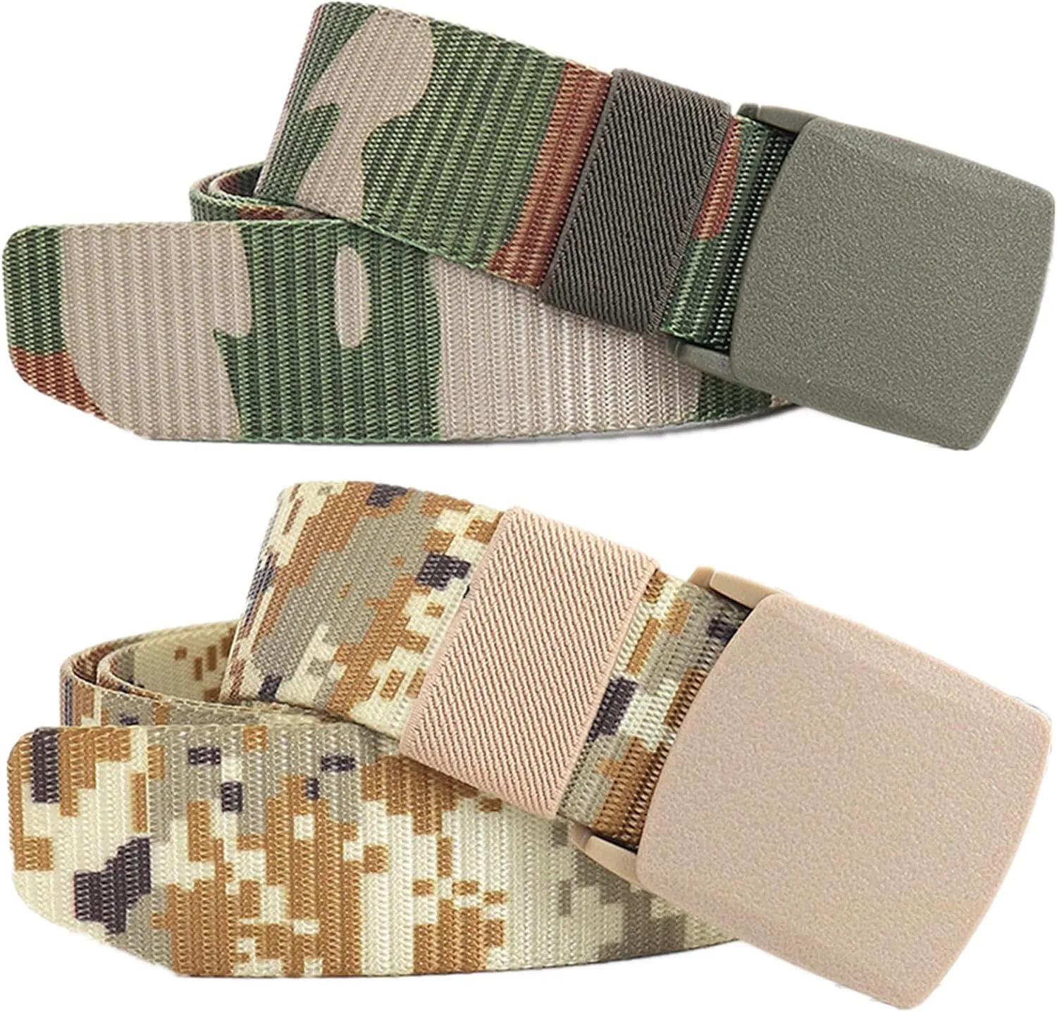 Belts for men women tactical camouflage nylon webbing belt with plastic buckle plus size up to 71", 2 Pcs