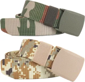 Belts for men women tactical camouflage nylon webbing belt with plastic buckle plus size up to 71", 2 Pcs