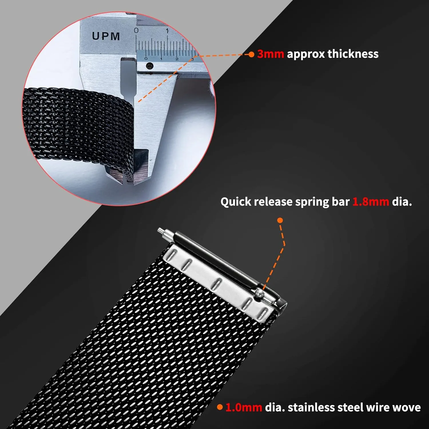 BERNY Stainless Steel Mesh Watch Band for Mens Women Quick Release Adjustable Milanese Watch Straps Thick Heavy Duty Metal Bracelet with Safty Clasp Black Silver 18mm 20mm 22mm 24mm