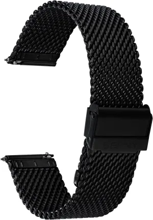BERNY Stainless Steel Mesh Watch Band for Mens Women Quick Release Adjustable Milanese Watch Straps Thick Heavy Duty Metal Bracelet with Safty Clasp Black Silver 18mm 20mm 22mm 24mm