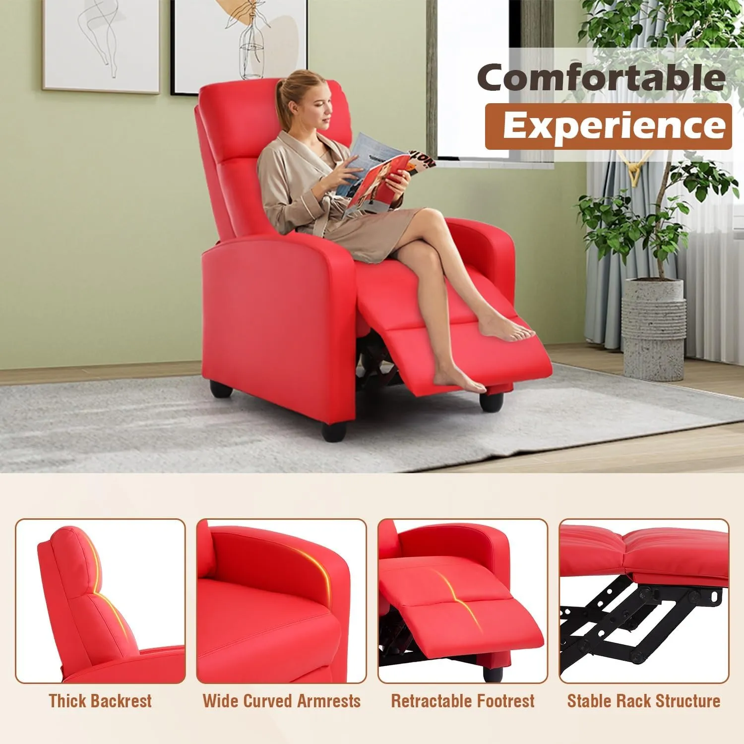 BestMassage Recliner Chair for Living Room Modern Wingback Sofa Home Theater Seating Push Back Reclining Chair with Lumbar Support (Without Massage Function, PU Red)