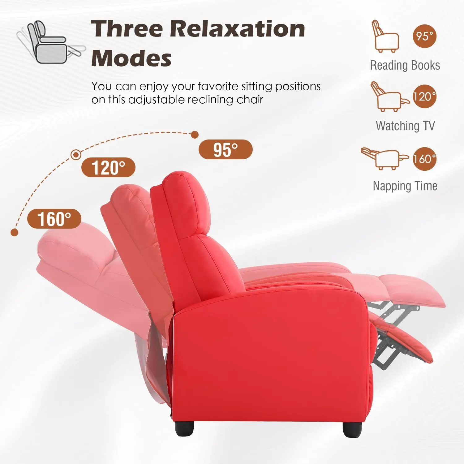 BestMassage Recliner Chair for Living Room Modern Wingback Sofa Home Theater Seating Push Back Reclining Chair with Lumbar Support (Without Massage Function, PU Red)