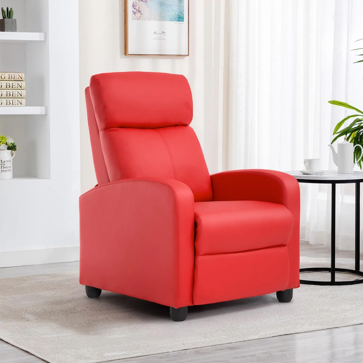 BestMassage Recliner Chair for Living Room Modern Wingback Sofa Home Theater Seating Push Back Reclining Chair with Lumbar Support (Without Massage Function, PU Red)
