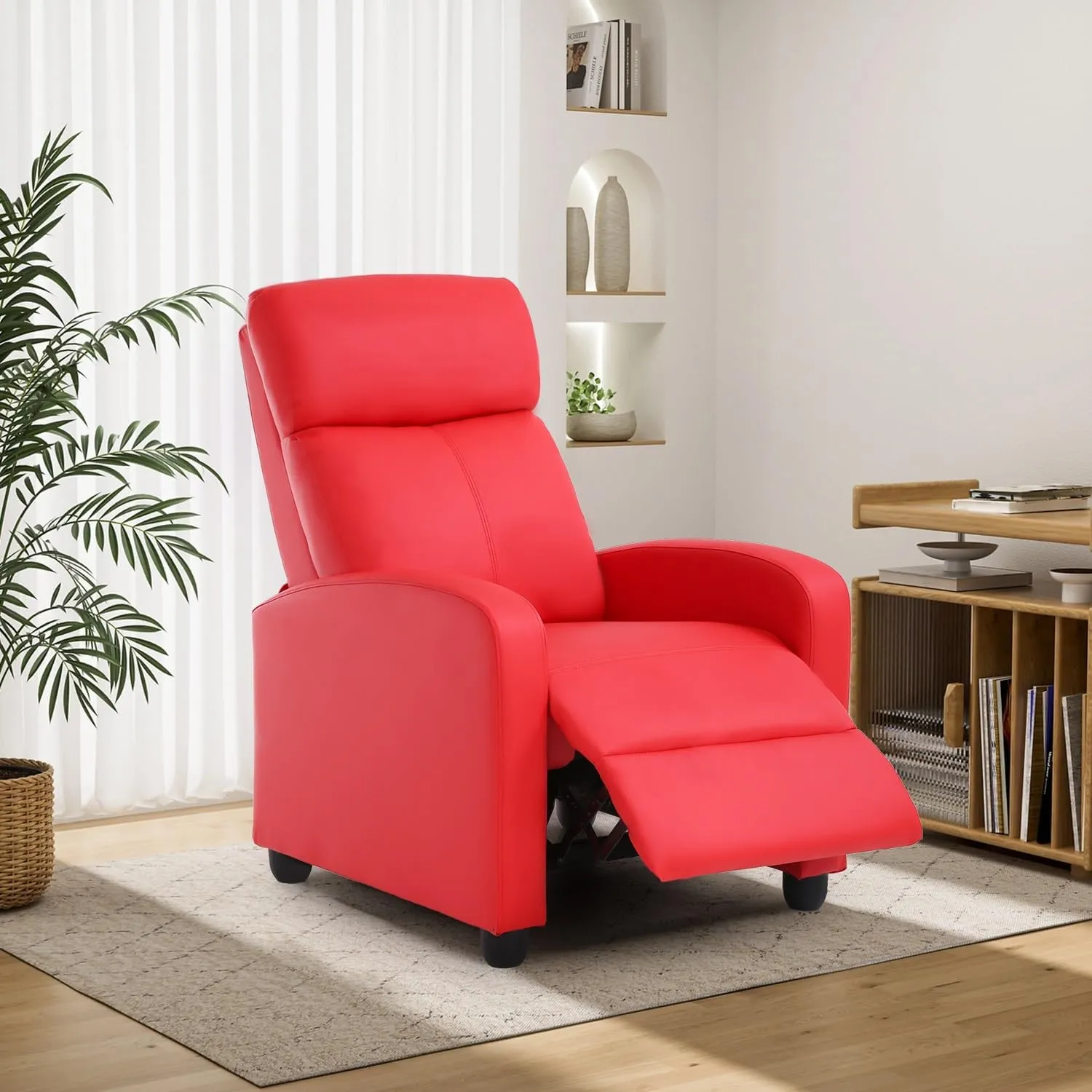 BestMassage Recliner Chair for Living Room Modern Wingback Sofa Home Theater Seating Push Back Reclining Chair with Lumbar Support (Without Massage Function, PU Red)