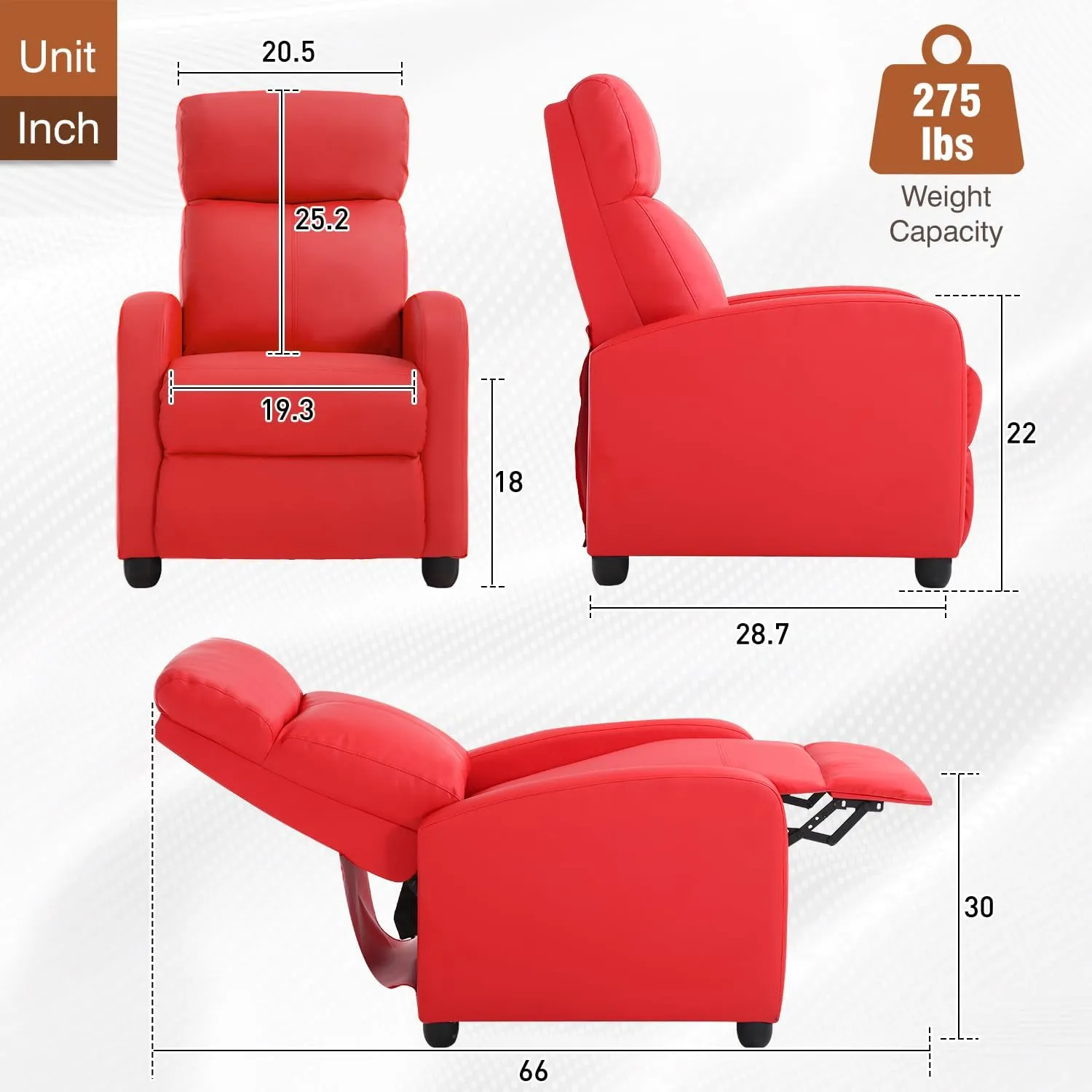 BestMassage Recliner Chair for Living Room Modern Wingback Sofa Home Theater Seating Push Back Reclining Chair with Lumbar Support (Without Massage Function, PU Red)