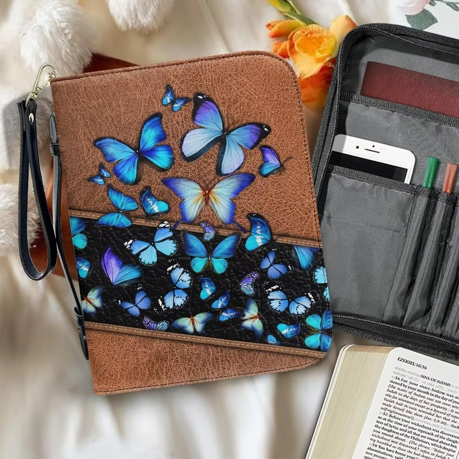 Bible Cover for Women Leather Bible Case with Black Ribbon Personalized Bible Study Supply Carrying Bag Tote