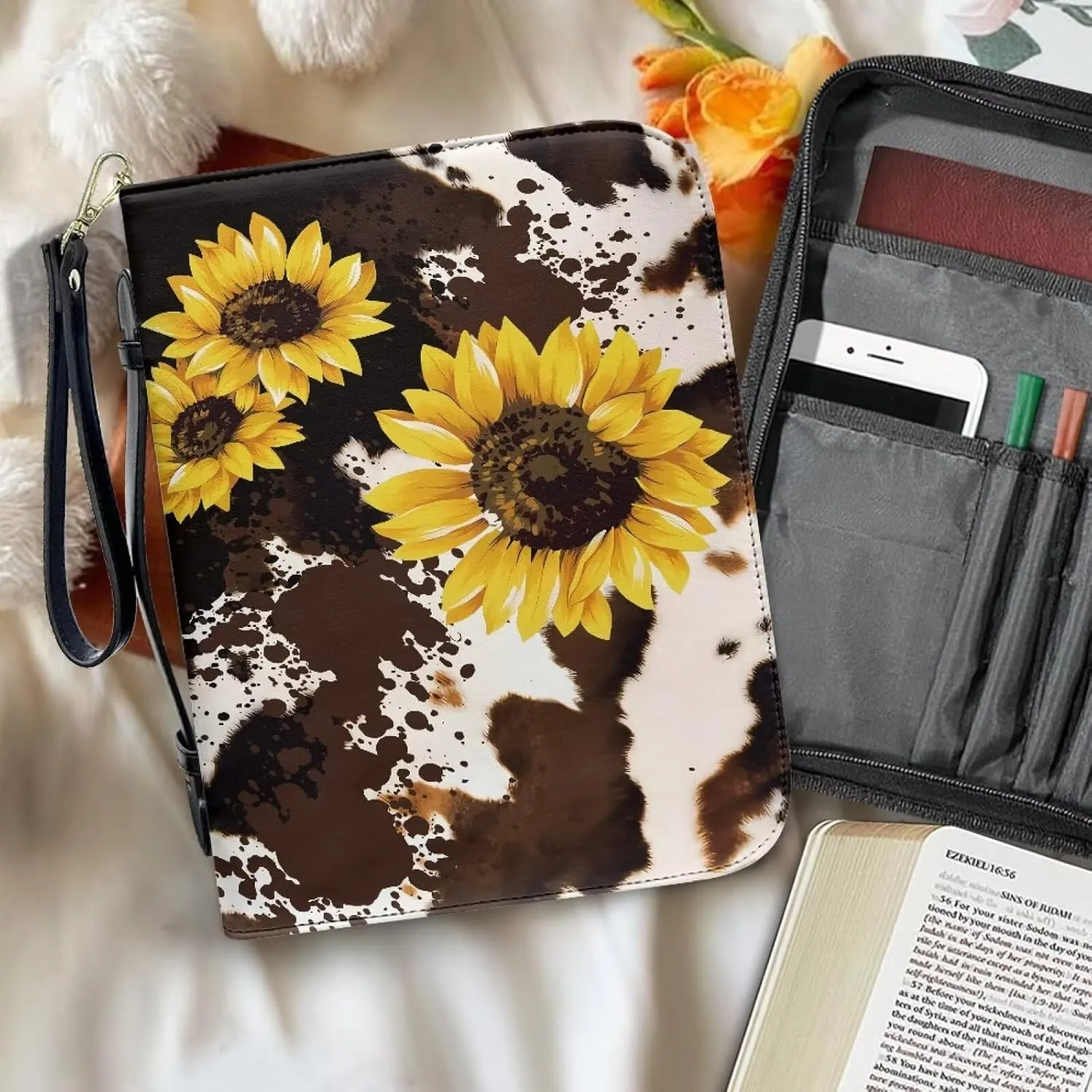 Bible Cover for Women Leather Bible Case with Black Ribbon Personalized Bible Study Supply Carrying Bag Tote