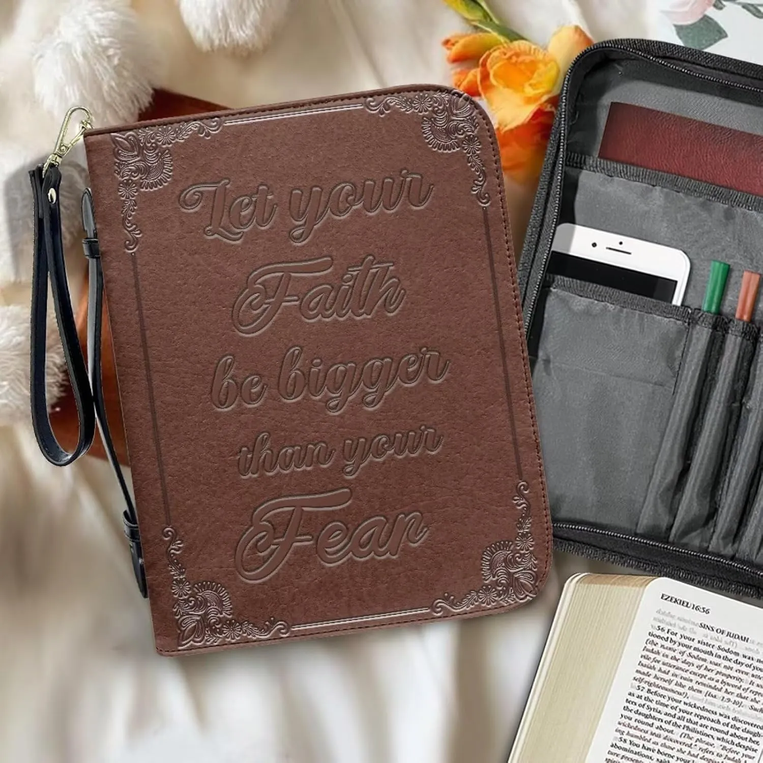 Bible Cover for Women Leather Bible Case with Black Ribbon Personalized Bible Study Supply Carrying Bag Tote