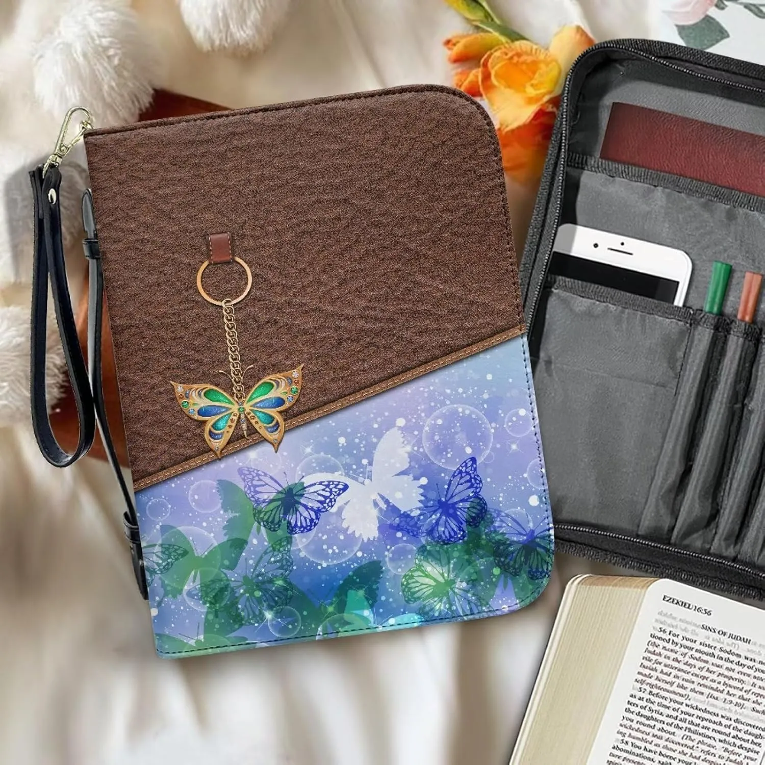 Bible Cover for Women Leather Bible Case with Black Ribbon Personalized Bible Study Supply Carrying Bag Tote