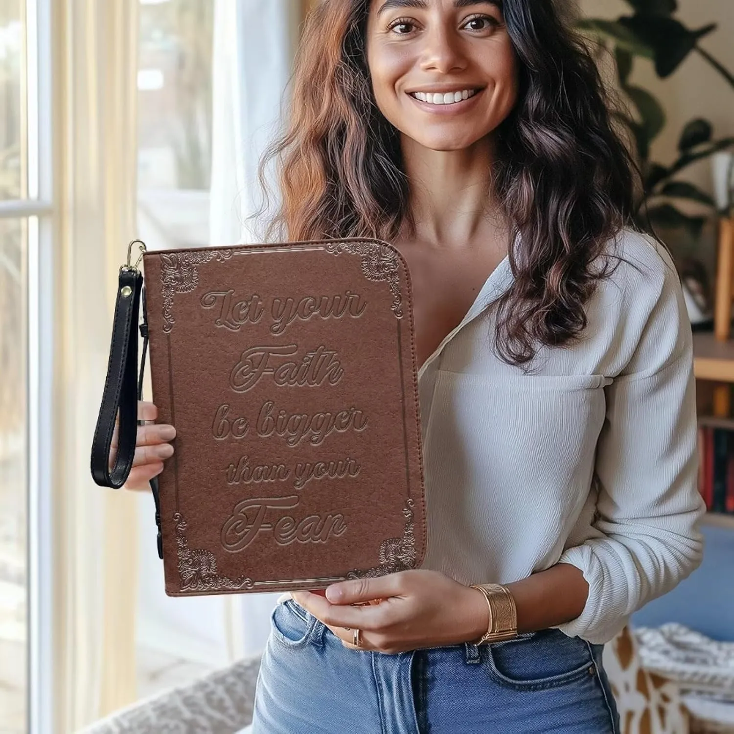 Bible Cover for Women Leather Bible Case with Black Ribbon Personalized Bible Study Supply Carrying Bag Tote