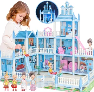 Big Doll House for Kids Ages 3 4 5 6 7 8, 3-Story 9 Rooms Princess Play House Toys with 3 Doll & Doll Furnitures, DIY Dollhouse with Light Strip