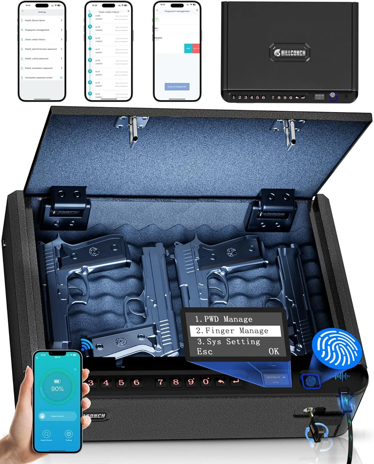 BILLCONCH Smart Gun Safe with Security Cable - Biometric Pistol Safe for Handgun 4 Ways Quick Access with Fingerprint/Keypad/Key/APP Lock, for Nightstand Bedside Home Car with LCD and Voice Guide