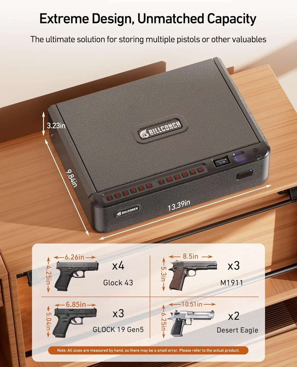 BILLCONCH Smart Gun Safe with Security Cable - Biometric Pistol Safe for Handgun 4 Ways Quick Access with Fingerprint/Keypad/Key/APP Lock, for Nightstand Bedside Home Car with LCD and Voice Guide
