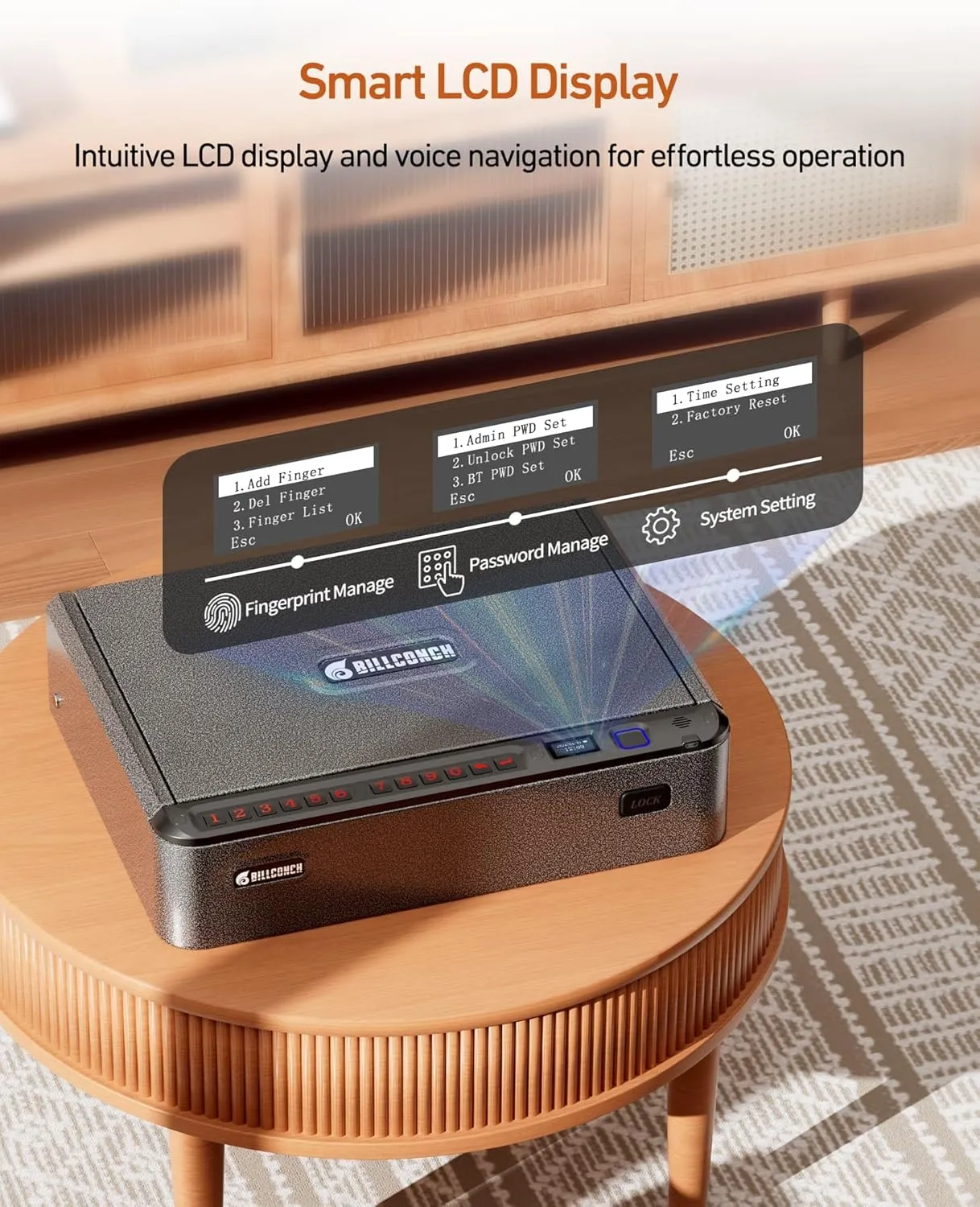 BILLCONCH Smart Gun Safe with Security Cable - Biometric Pistol Safe for Handgun 4 Ways Quick Access with Fingerprint/Keypad/Key/APP Lock, for Nightstand Bedside Home Car with LCD and Voice Guide