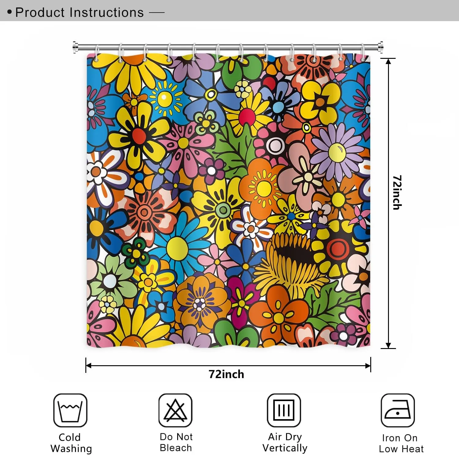 Bohemia Colorful Flowers Bathroom Shower Curtain Funky Retro Hippie 60s 70s Aesthetic Washable Polyester Durable Fabric Home Shower Curtain with Hooks, 72x72 Inch