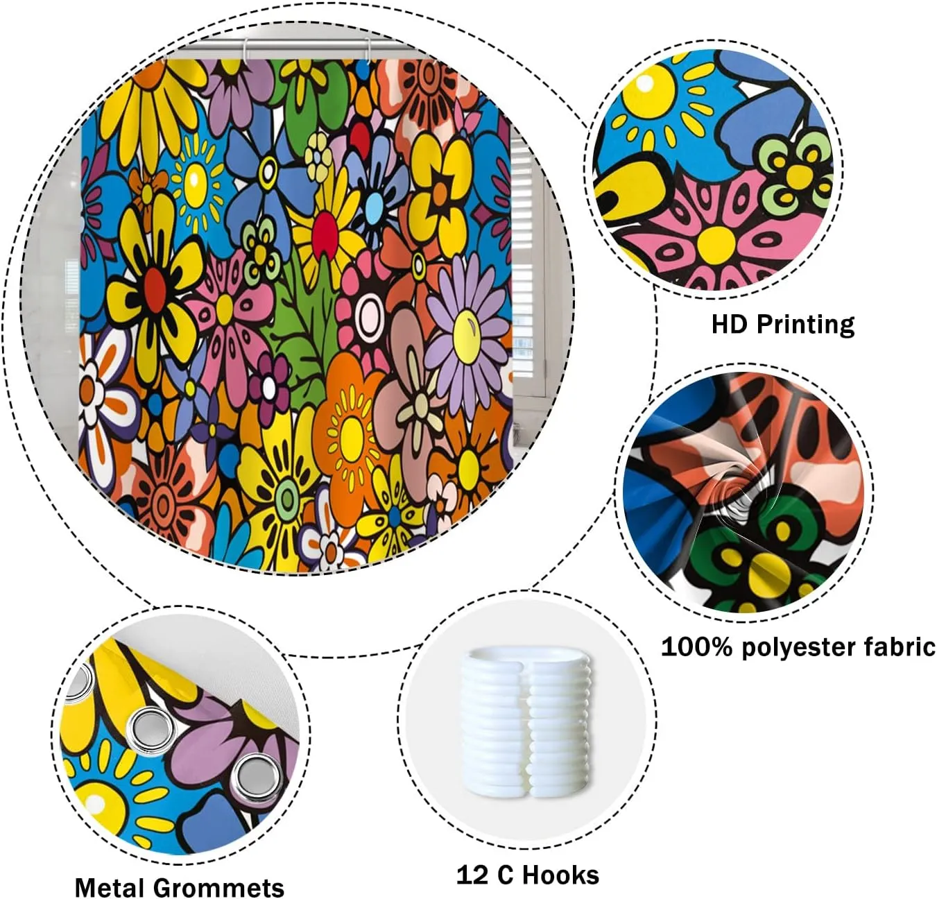 Bohemia Colorful Flowers Bathroom Shower Curtain Funky Retro Hippie 60s 70s Aesthetic Washable Polyester Durable Fabric Home Shower Curtain with Hooks, 72x72 Inch