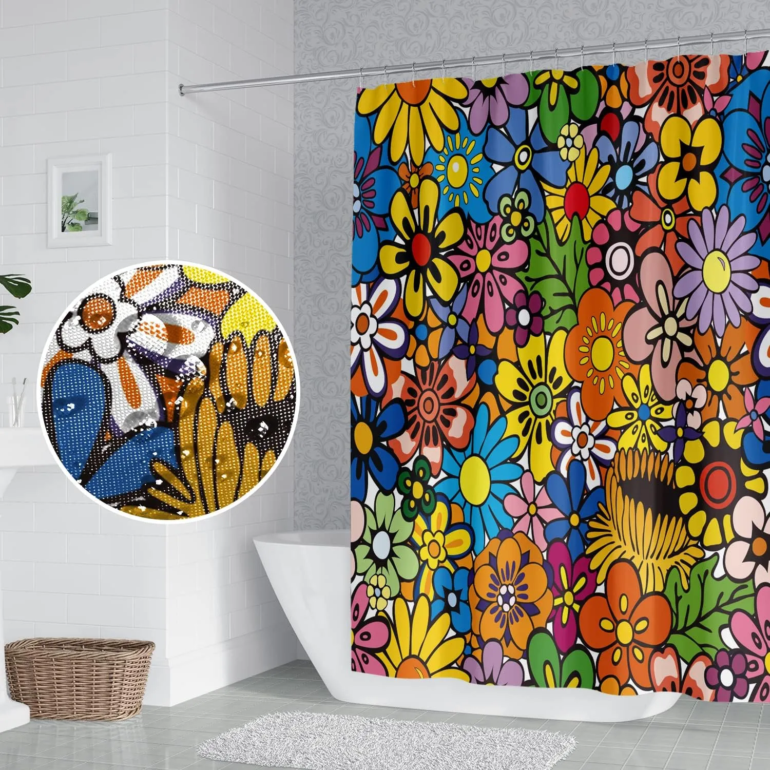 Bohemia Colorful Flowers Bathroom Shower Curtain Funky Retro Hippie 60s 70s Aesthetic Washable Polyester Durable Fabric Home Shower Curtain with Hooks, 72x72 Inch