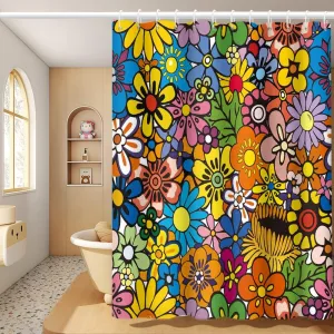 Bohemia Colorful Flowers Bathroom Shower Curtain Funky Retro Hippie 60s 70s Aesthetic Washable Polyester Durable Fabric Home Shower Curtain with Hooks, 72x72 Inch